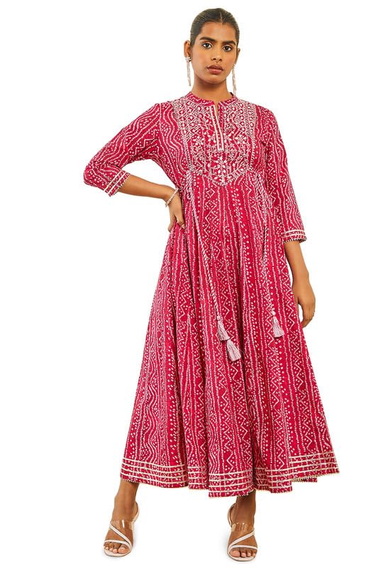 Soch Womens Fuchsia Cotton Bandhani Print Ankle-Length Dress Kurta