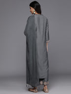 Varanga Women Grey Embroidered Round Neck Straight Kurta With Three Quarter Sleeves Paired With Bottom And Tonal Dupatta.