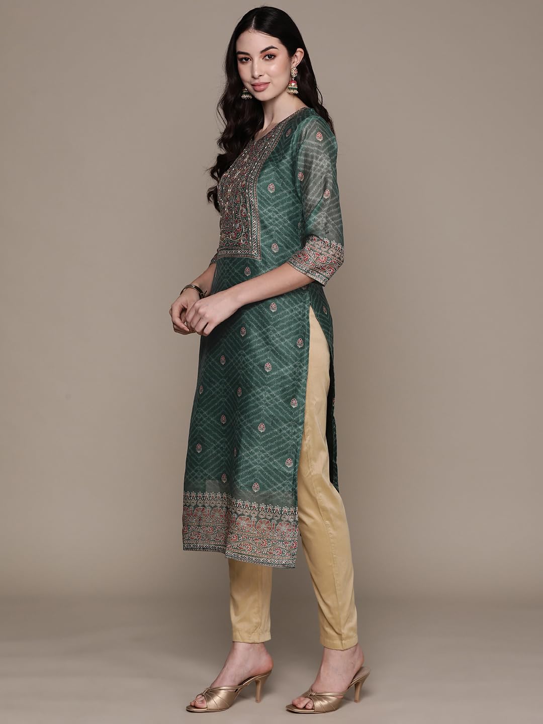 Ishin WomenS Silk Ethnic Motifs Green Straight Kurta