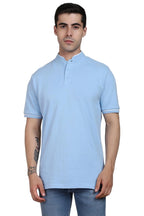 Dennis Lingo MenS Cotton Blue Solid Stand Collar T-Shirt