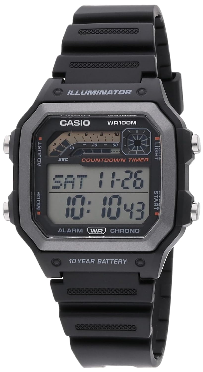 Casio WS1600H Series | Mens Watch | Sports Design | Black | Stopwatch | Countdown Timer | LED Light with Afterglow | 100M WR | D