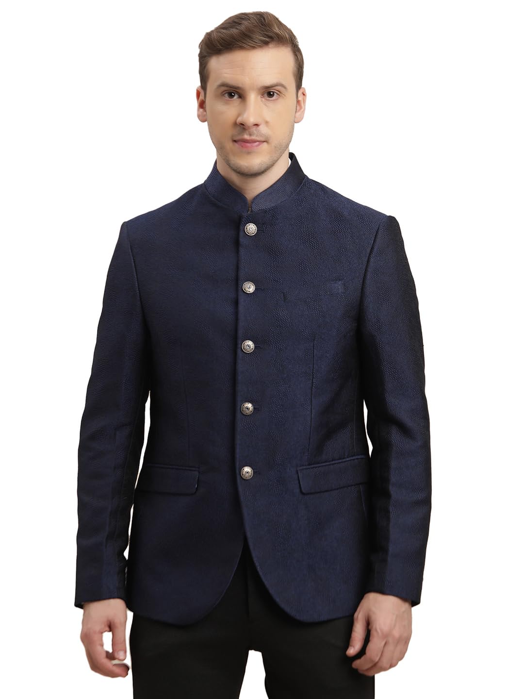 Turtle Men Terry Rayon Regular Fit Blue Jacquard Print Blazer