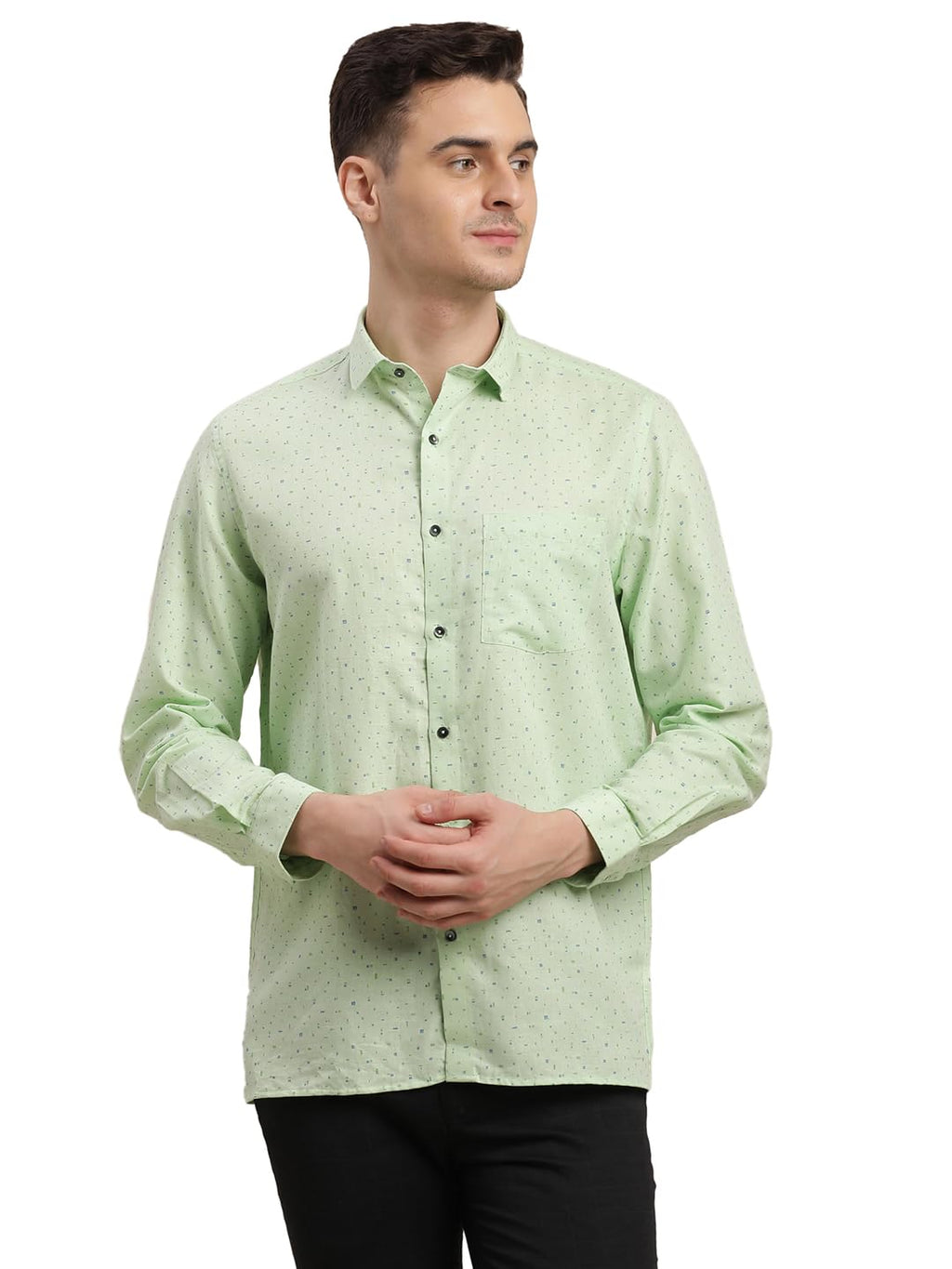 Turtle Men Cotton Linen Regular Fit Full Sleeve Pista Green Formal Shirt