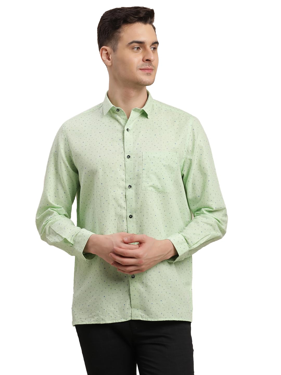 Turtle Men Cotton Linen Regular Fit Full Sleeve Pista Green Formal Shirt