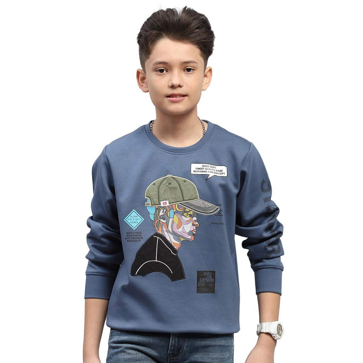 Monte Carlo Boys Printed Blue Round Neck Full Sleeve Sweatshirt (524068300136) 13-14