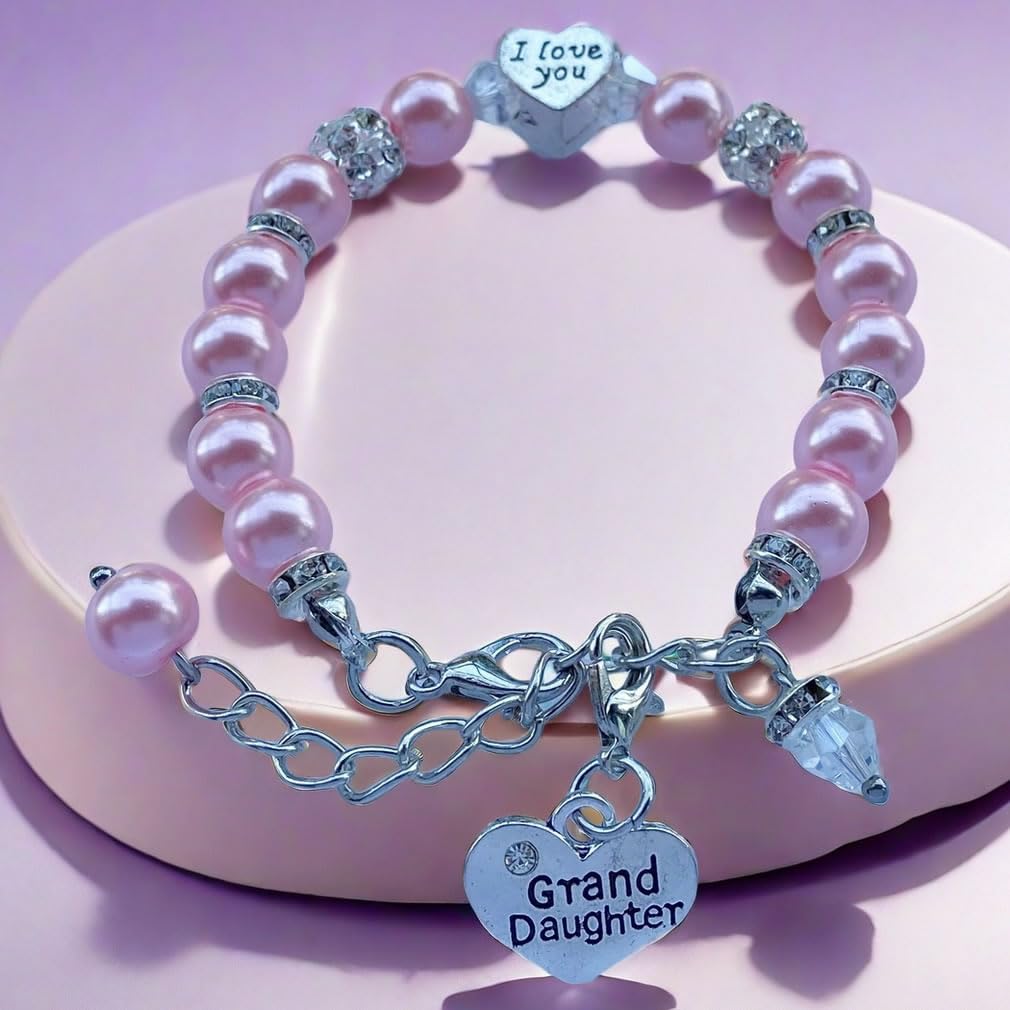 DOLON Pink Glass Pearl Color Crystal I Love You Heart Granddaugther Bracelet Jewelry Back to School Birthday Christmas Holiday G