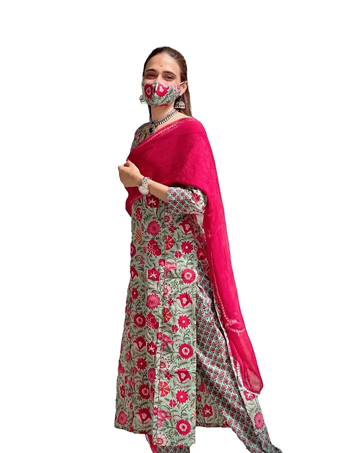 ANNI DESIGNER Women's Cotton Blend Printed Straight Kurta with Pant & Dupatta (Diw-BKC-651_L_Multicolor_Large)