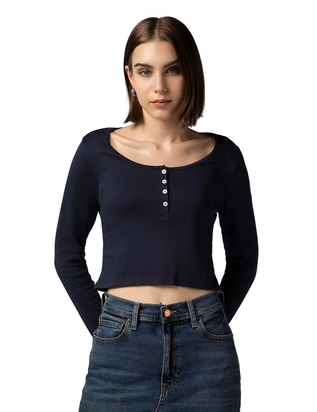 FYLTR Womens Casual Scoop Neck Henley T-Shirt - Full Sleeves | Fitted Length