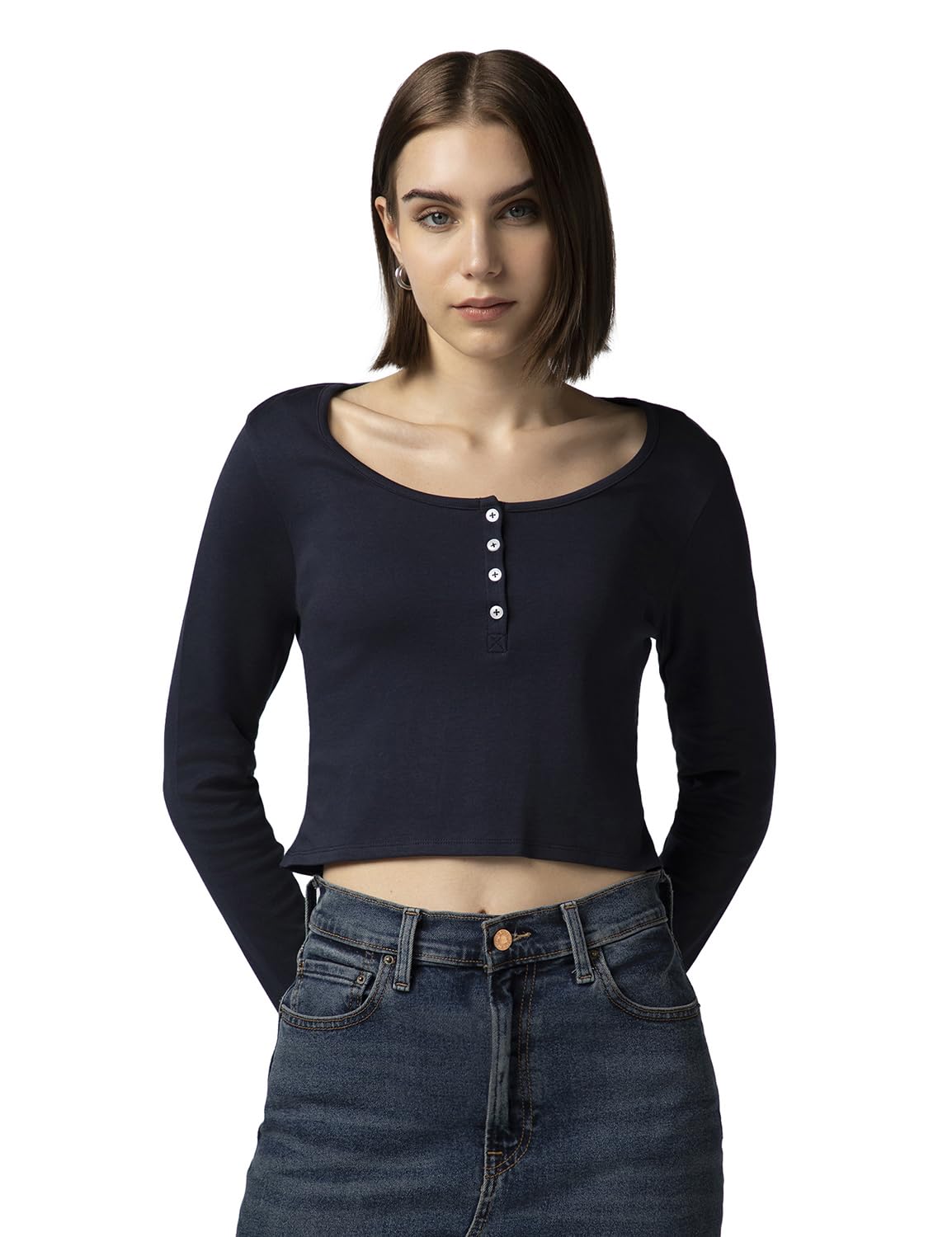 FYLTR Womens Casual Scoop Neck Henley T-Shirt - Full Sleeves | Fitted Length