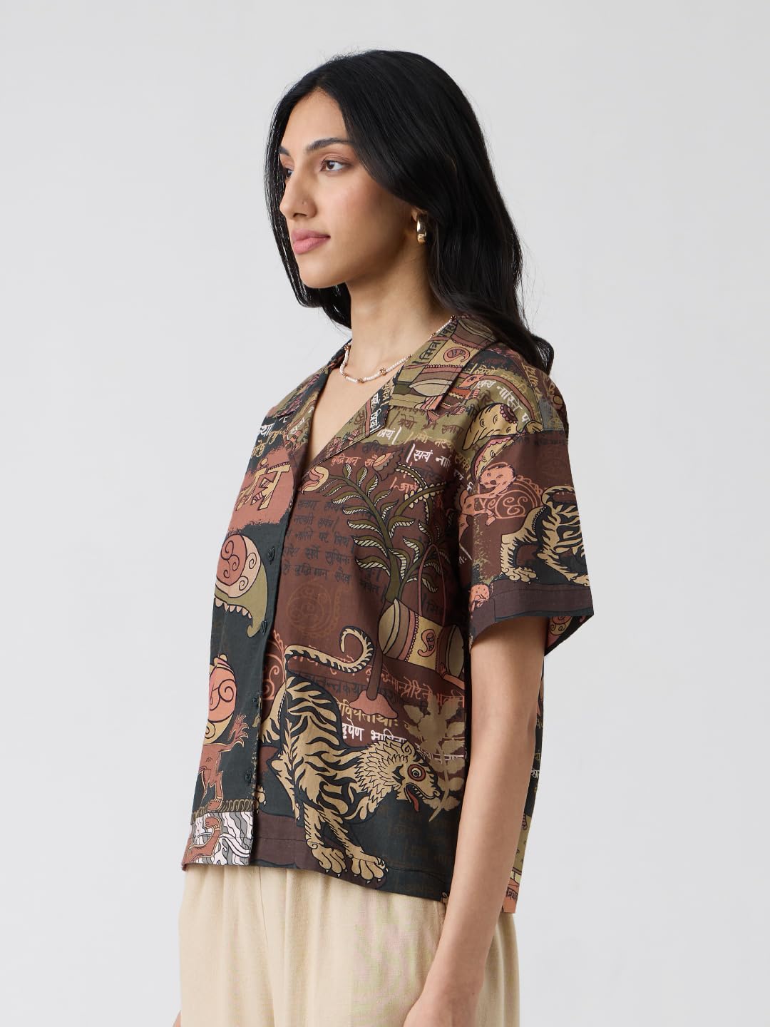 The Souled Store Panchatantra Women and Girls Short Sleeves Collared Neck Button Front Brown All Over Printed Oversized Fit Cott