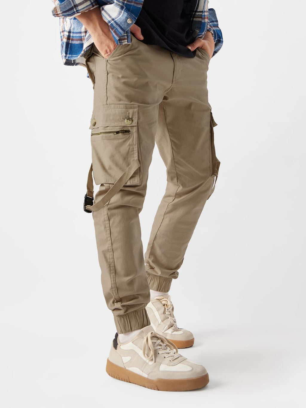 The Souled Store Solids: Beige Men and Boys Regular Fit Cotton Cargo Joggers