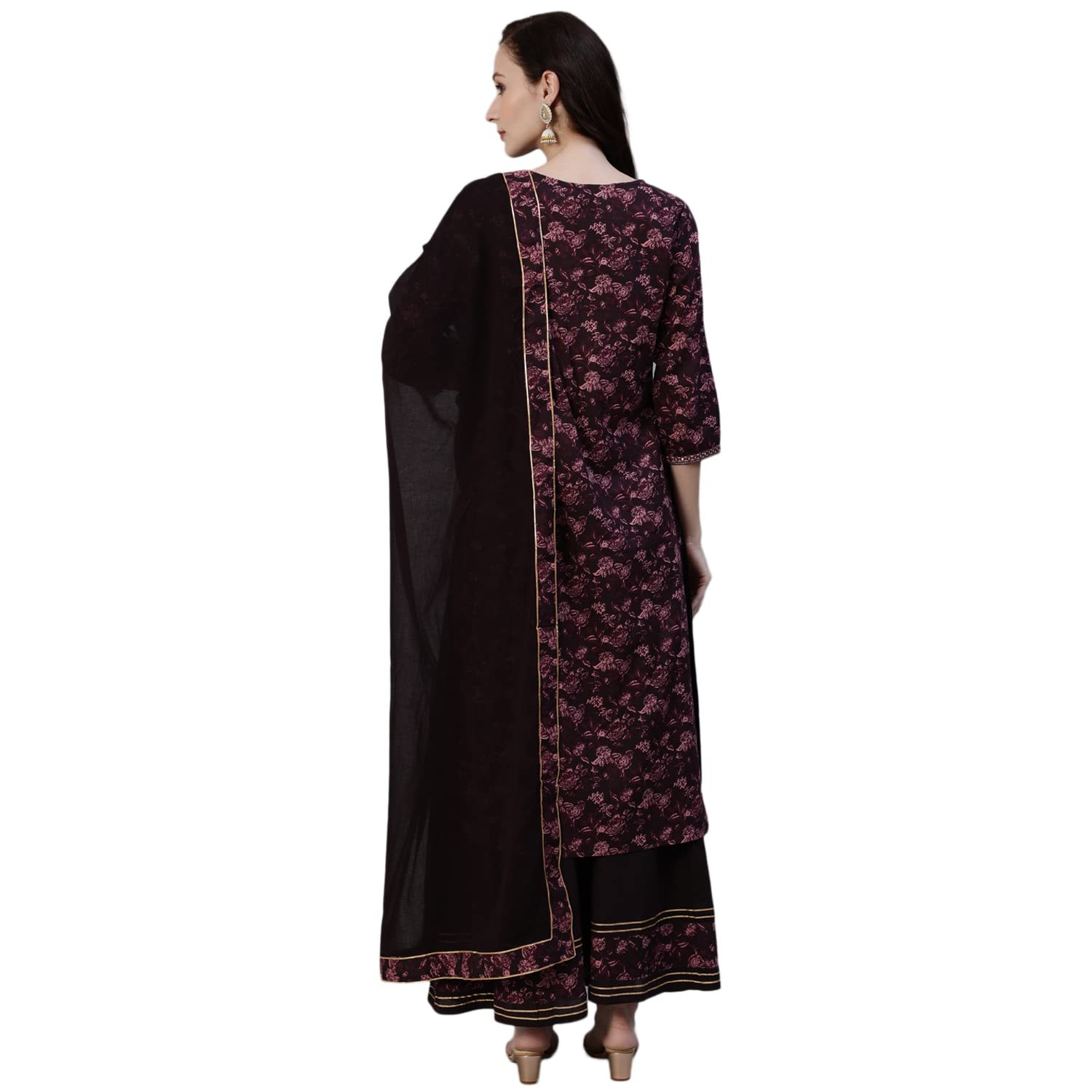 Ishin Cotton Silk Women'S Embellished A-Line Kurta Set With Sharara And Dupatta