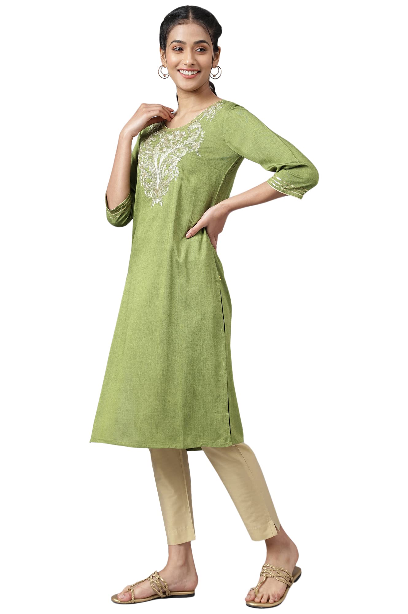 Aurelia Women Love Bird Green Rayon Solid Yarn Dyed Straight Kurta