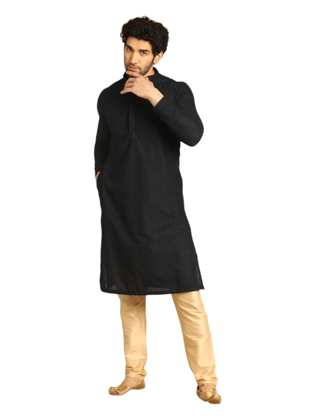 Manyavar Black Blended Cotton Self Design Kurtas For Men (Kurta Only)