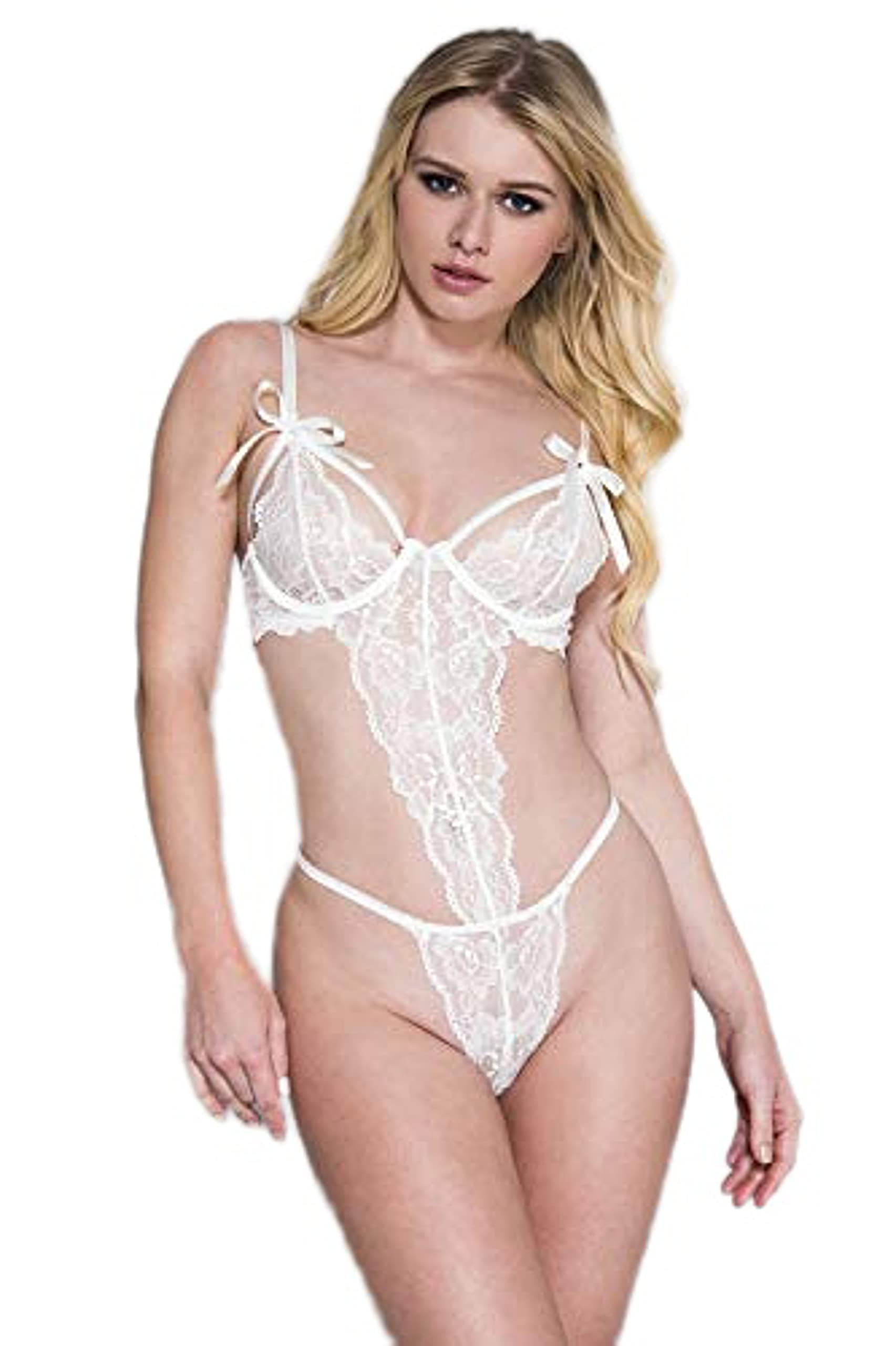 Music Legs 80017-WHITE Lace Cup Teddy with Matching Hand Cuffs - White