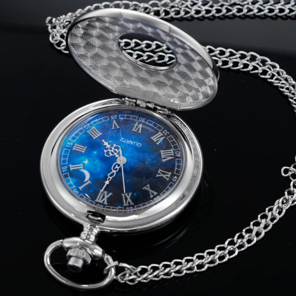 Tiong Vintage Pocket Watch Roman Numerals Scale Blue Starry Night Moon Dial Christmas Graduation Birthday Gifts Fathers Day(Silv