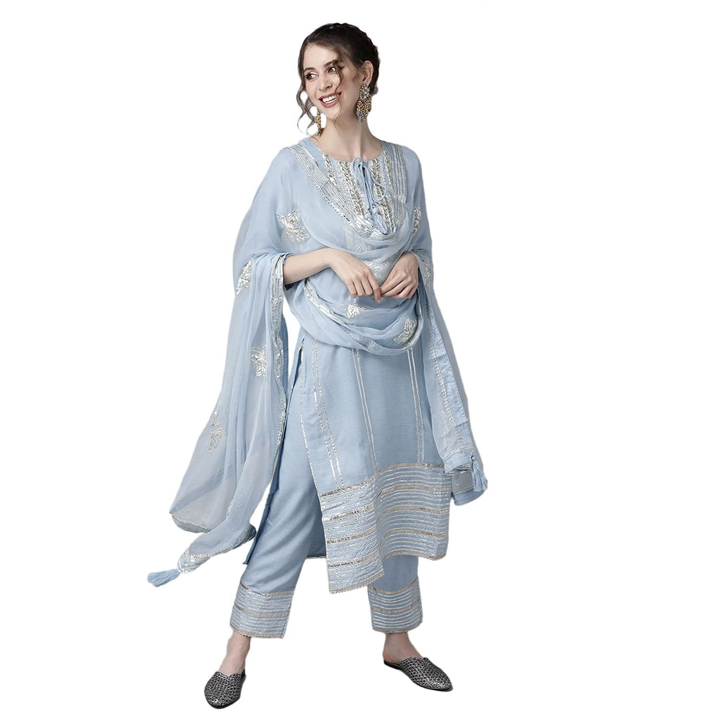 ishin Womens Silk Blue Gota Patti Embroidered A-Line Kurta set With Trouser and Dupatta