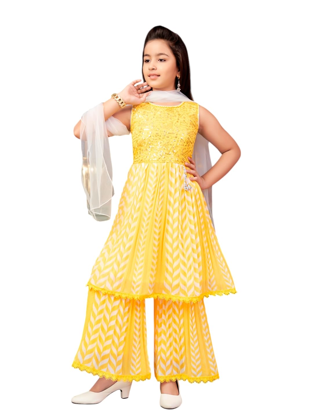 Aarika Girls Ethnic Wear Yellow Colour Beads Sequins Embroidery Georgette Kurti Sharara Set (5-16 Years)