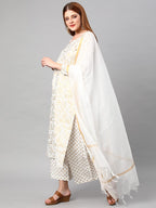 Gosriki Women'S Cotton Blend Printed Straight Kurta With Palazzos & Dupatta (Ghost-Off-White-Nw-Gs)