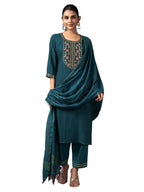 Sanisa Women'S Silk Blend Embroidery Work Straight Kurta With Pant And Dupatta Set (210Kbd2221N-Xl_Rama Blue2)