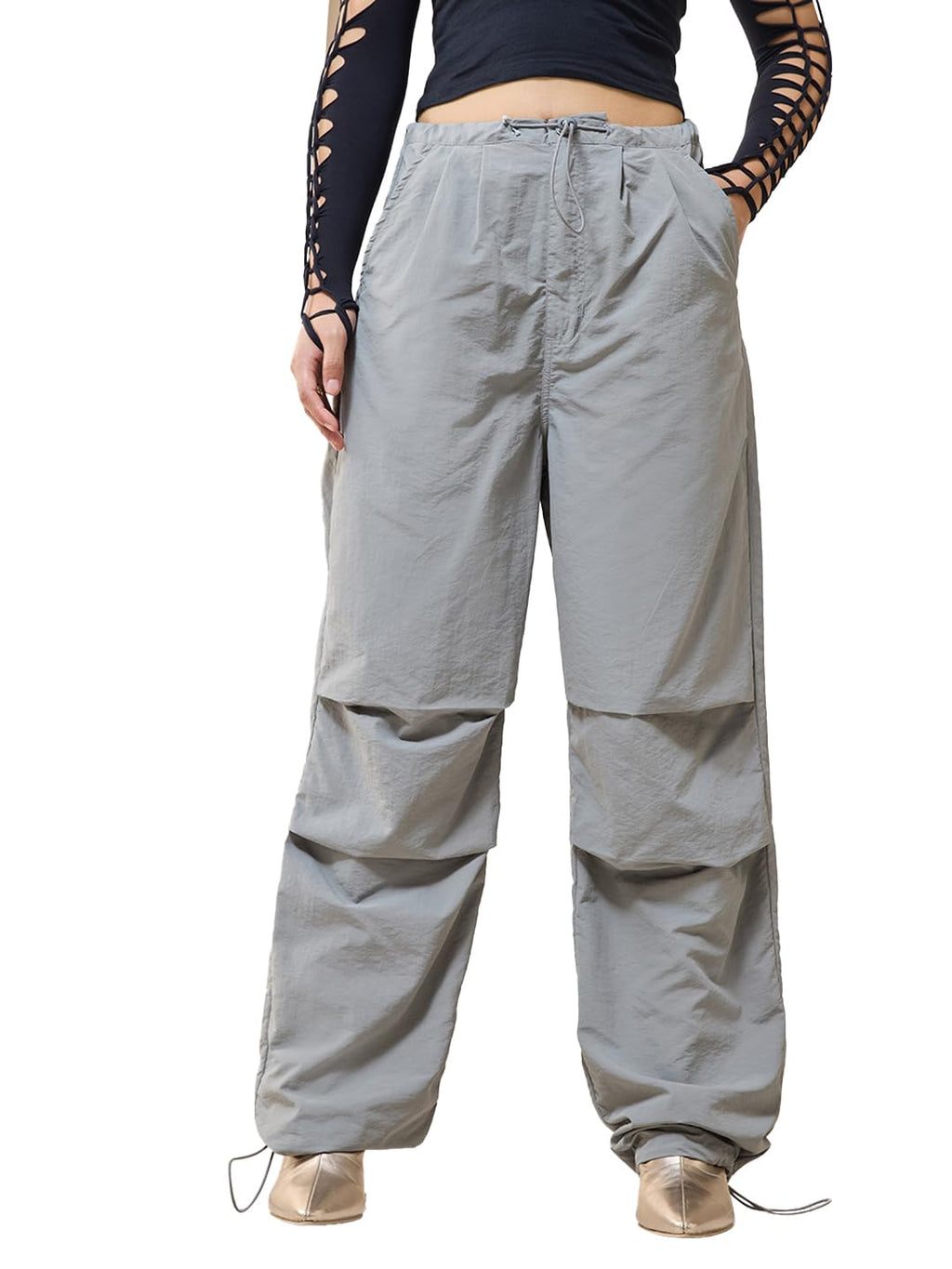 Bewakoof Womens Solid Baggy Oversized Fit Nylon Parachute Casual Pants_628729_Grey_2XL