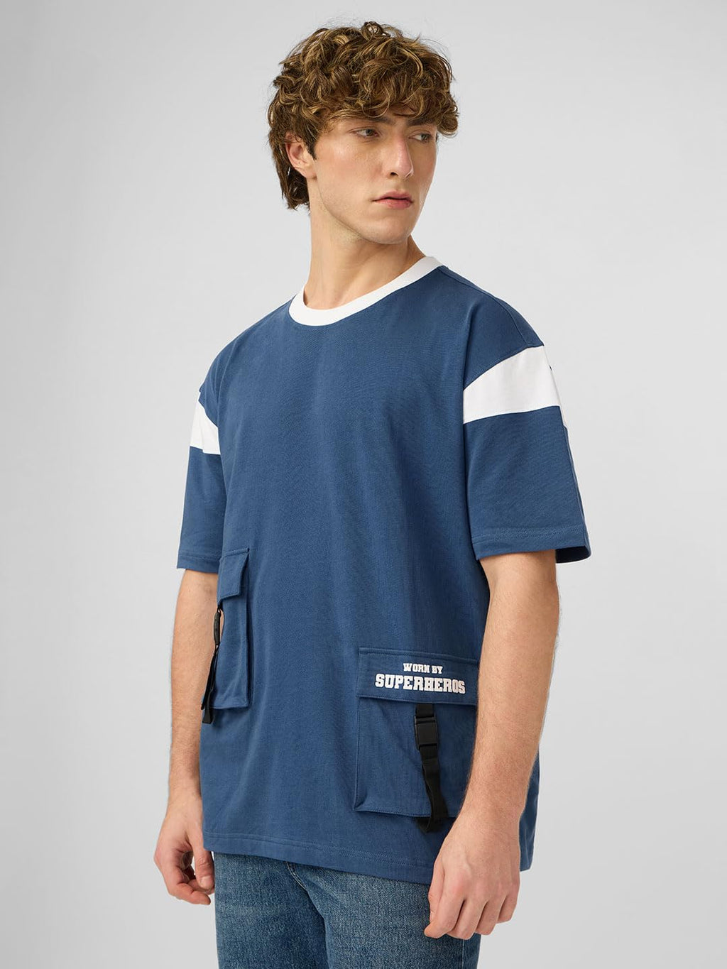 The Souled Store Utility T-Shirt: Pacific Men and Boys Short Sleeves Round Neck Blue Solid Cotton Oversized T-Shirts