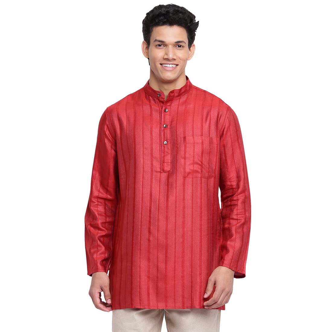 Fabindia Men Viscose Blend Dobby Short Kurta Red_Xs