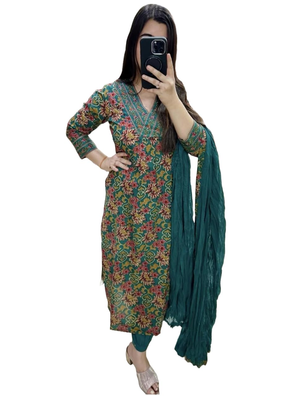 ANNI DESIGNER Womens Cotton Blend Straight Printed Kurta with Pant & Dupatta (Shaniya Green_XL_Green_X-Large)