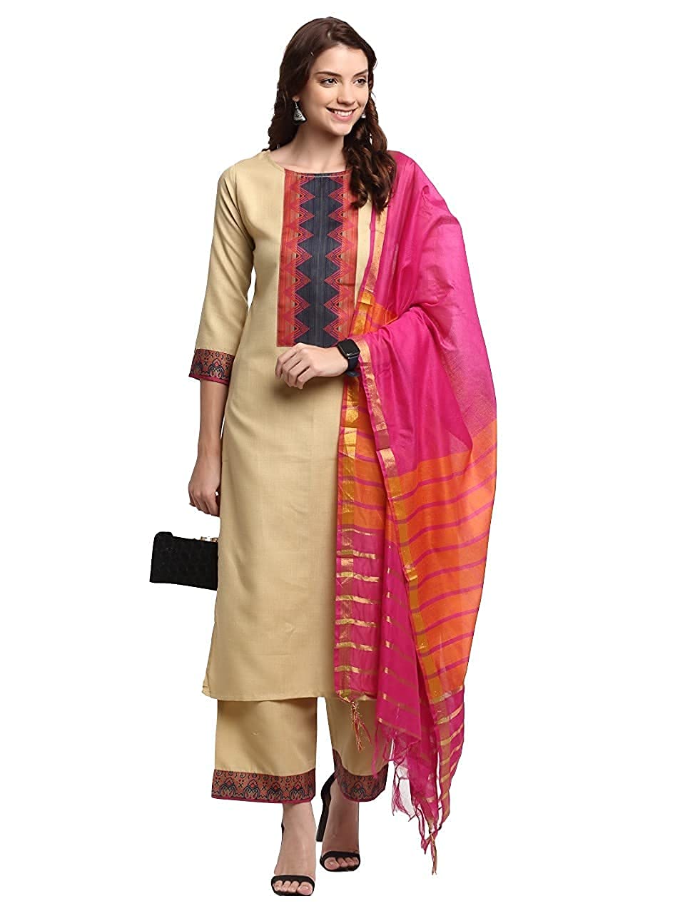 ANNI DESIGNER Womens Cotton Kurta with Palazzo & Dupatta (ANUPMA Green_Beige_Medium)