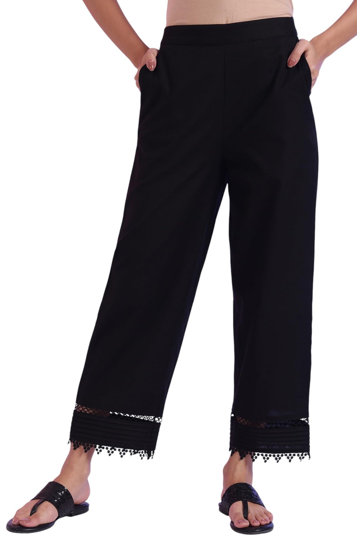 Aurelia Womens Black Solid Cotton Flaxe Ankle Length Palazzos with Lace (Size: 2XL)-A60354-606088