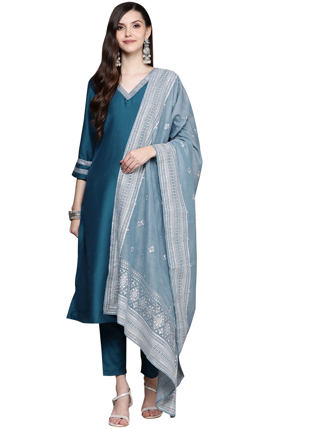 Ziyaa Women'S Teal Chinon A-Line Kurta Pant With Dupatta Set (Ziskdch3863-Xxl)