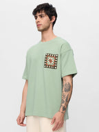 The Souled Store Ottoman T-Shirt: Indie Weave Men and Boys Short Sleeves Round Neck Green Embellished Cotton Blend Oversized T-S