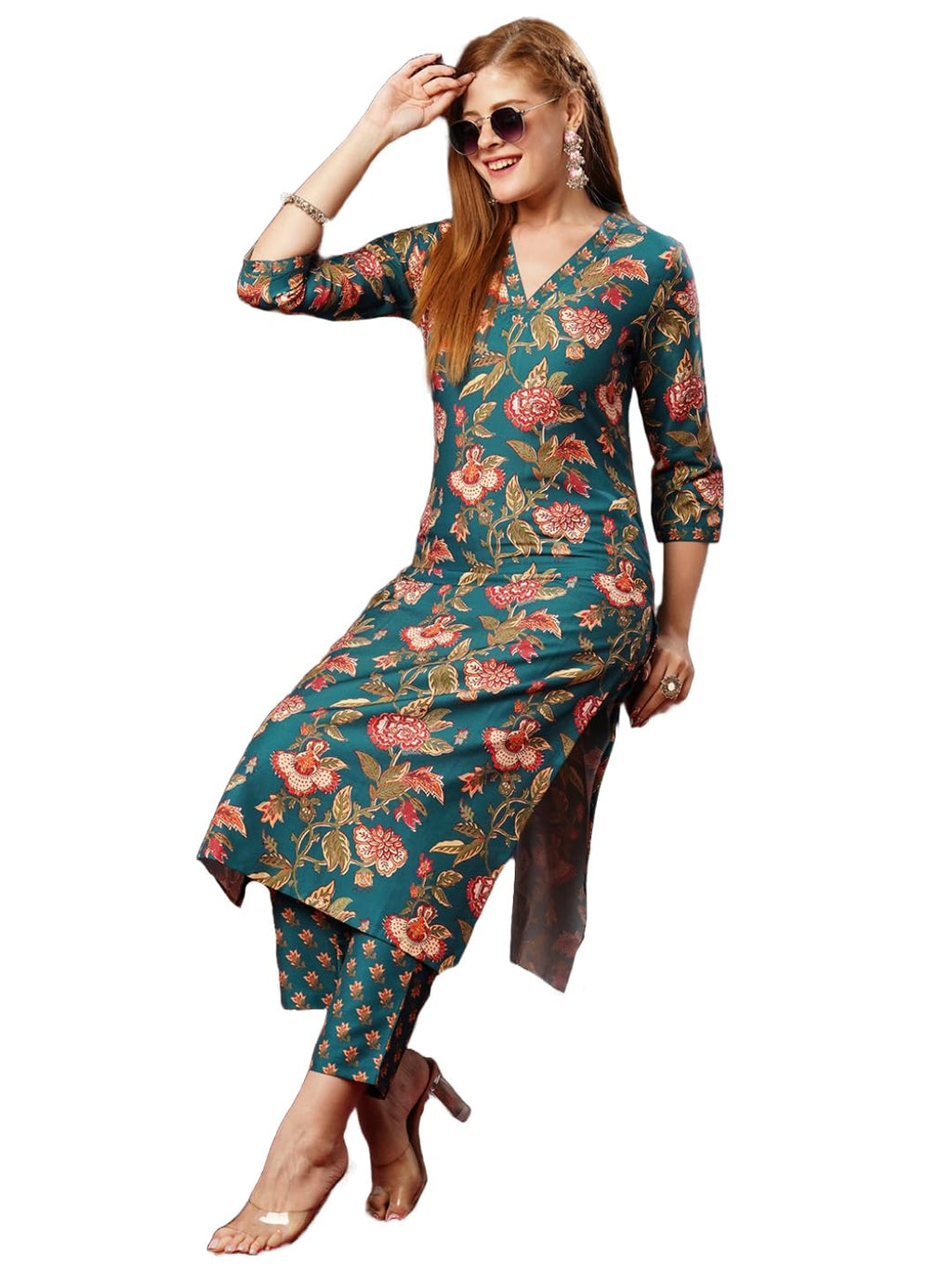 ANNI DESIGNER Womens Cotton Blend Straight Printed Kurta with Pant (Paresh Rama_S_Green_Small)