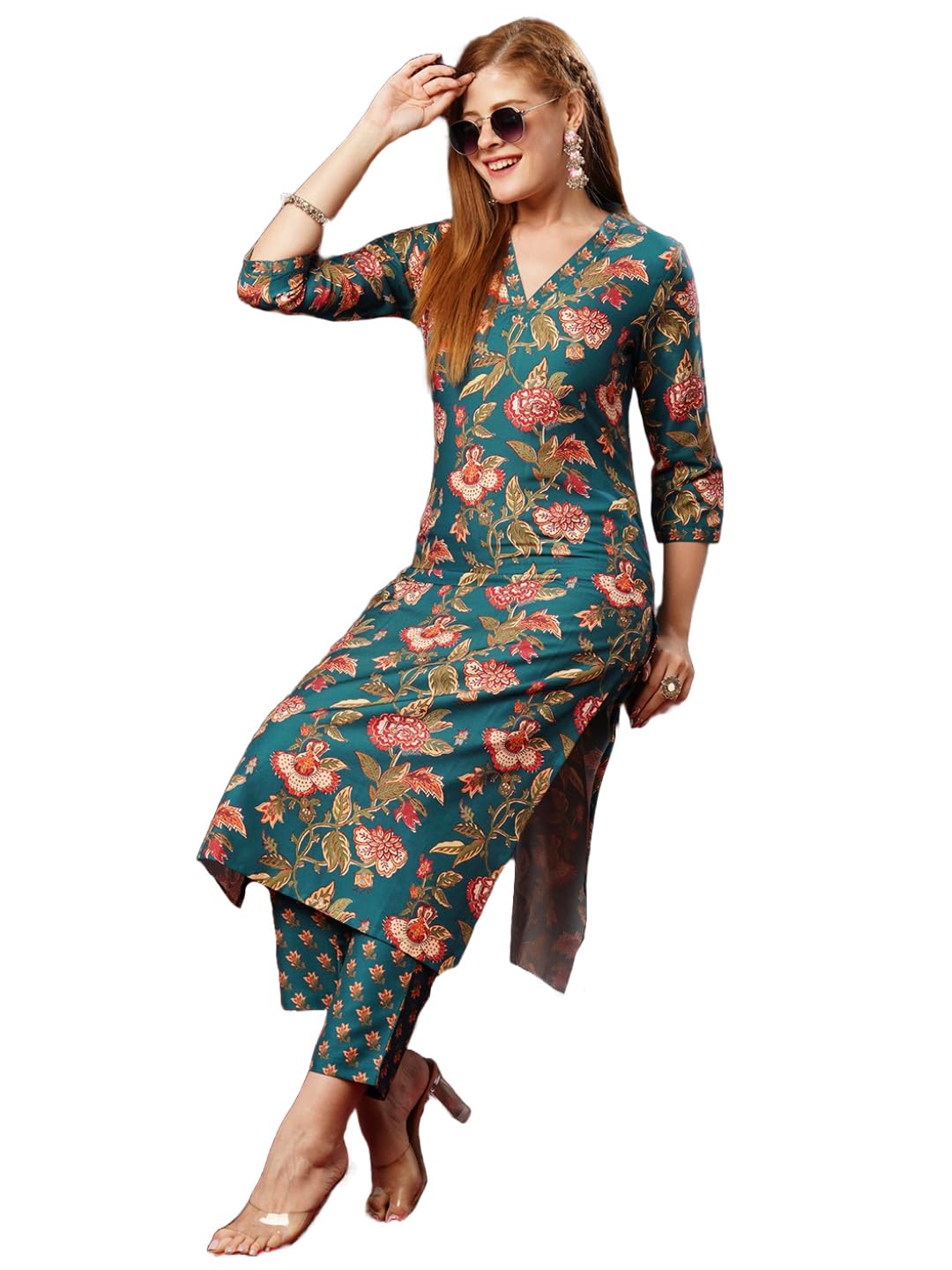 ANNI DESIGNER Womens Cotton Blend Straight Printed Kurta with Pant (Paresh Rama_S_Green_Small)