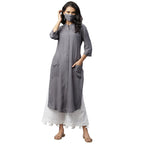 Rigo Women Grey Front Open Band Collar Straight Kurta