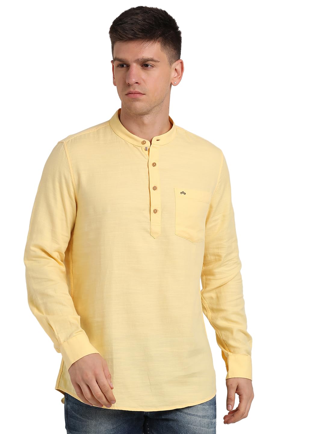 Turtle Men 100% Cotton Yellow Solid Slim Fit Casual Kurta Shirt