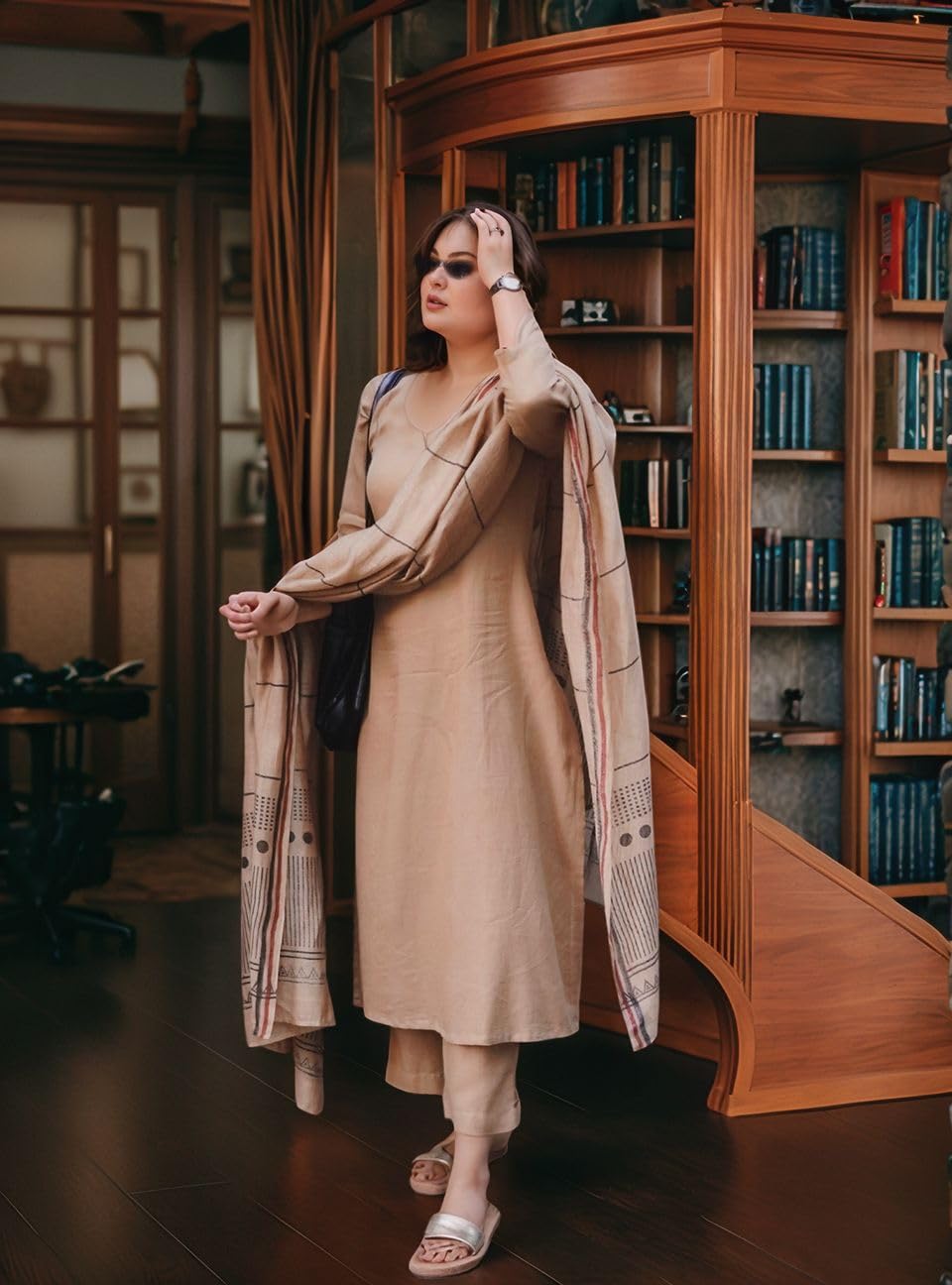 ANNI DESIGNER Women s Viscose Rayon Straight Kurta with Trousers and Dupatta, beige, 42