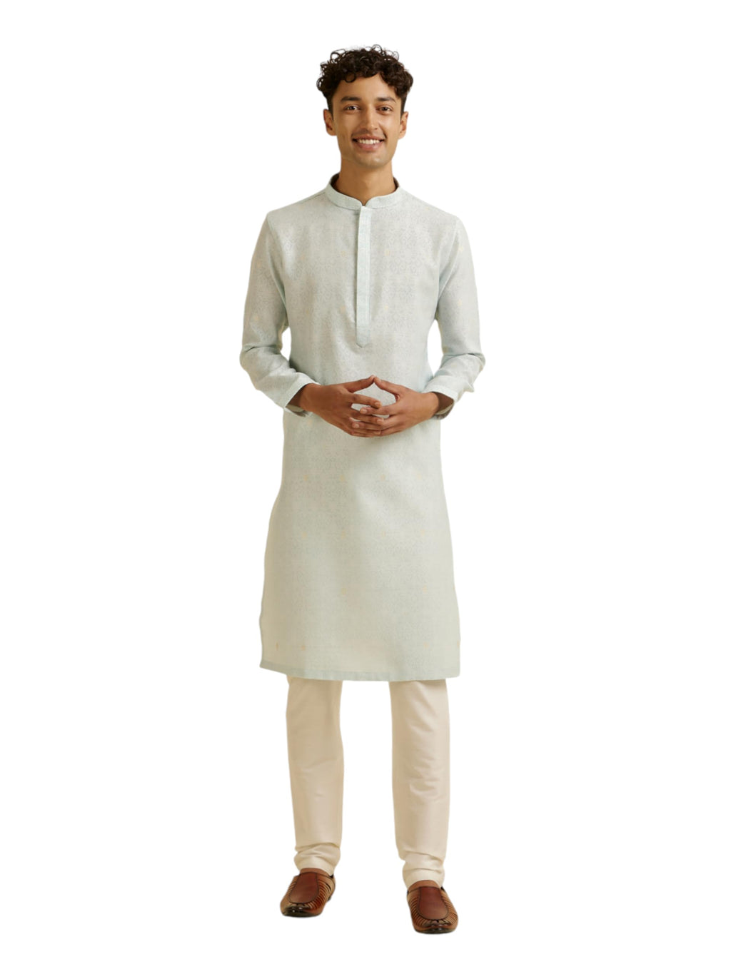 Manyavar Mens Cotton Blend Jacquard Embroidered Kurta Pyjama Set (Blue,XL)
