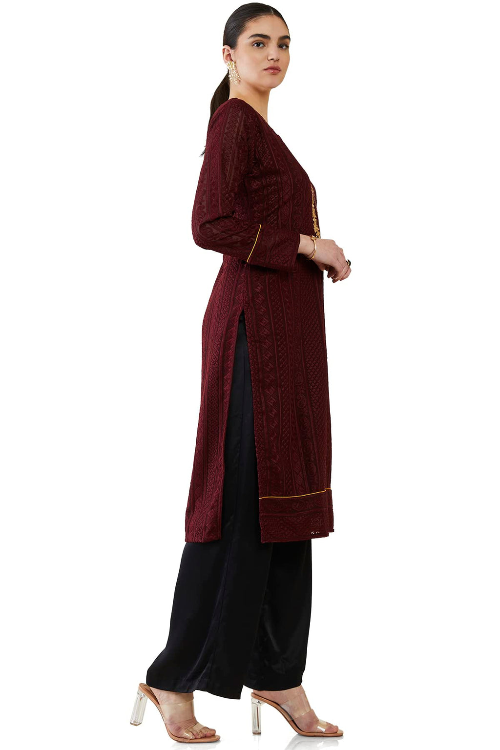 Soch Women Maroon Georgette Embroidered Kurta