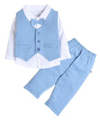 BUMZEE Powder Blue & White Boys Full Sleeves Shirt Waistcoat & Pant Set With Applique Bow Age - 12-18 Months (Peb9069D-pbl.wht)