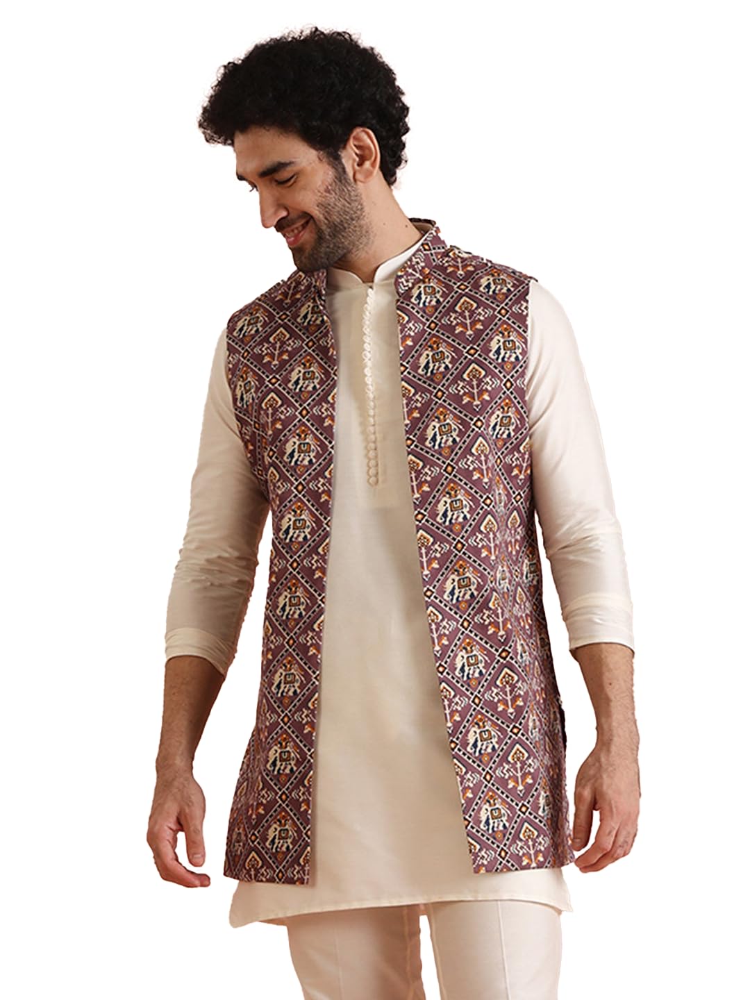 Kisah Mens Kurta Jacket Trouser Set|Cotton Blend Fabric Printed Pattern Mens Ethnic Wear|Regular Fit Mandarin Collar Long Sleeve