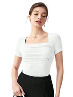Shasmi Womens & Girls White Womens Summer Square Neck Solid Color Ruched Tee Workwear Pleated Casual t-Shirt for Women (Top 1
