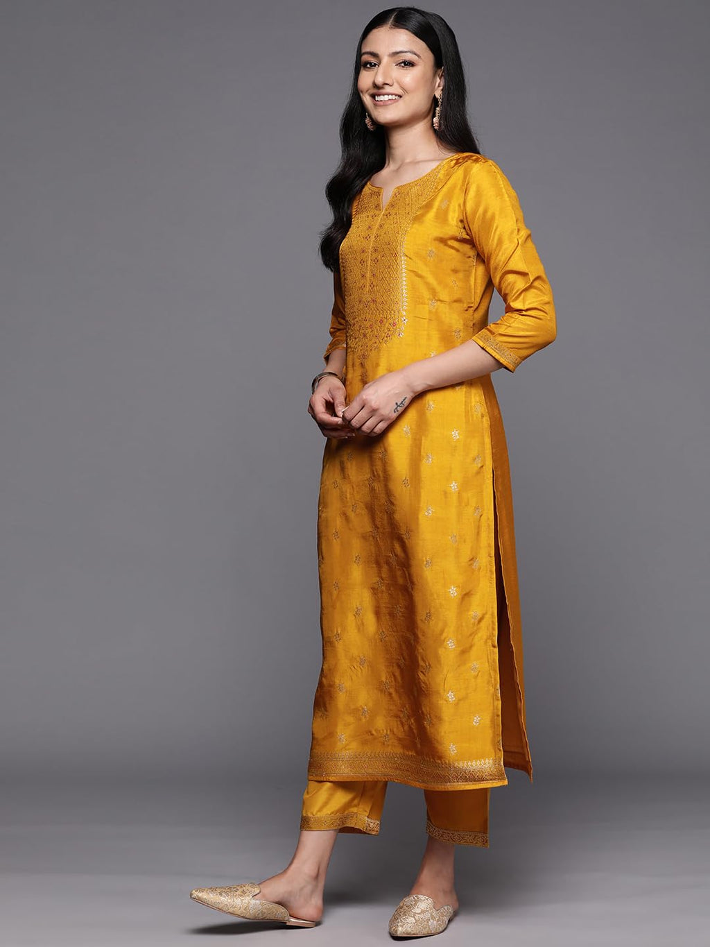 Libas WomenS Silk Blend Kurta Sets (38065O_Mustard
