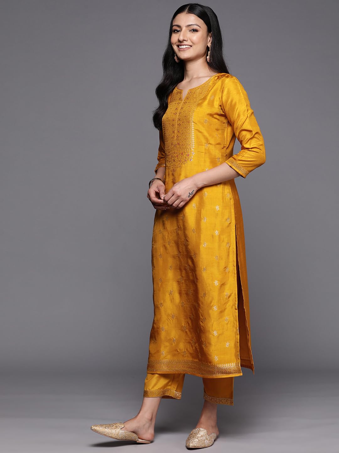 Libas WomenS Silk Blend Kurta Sets (38065O_Mustard