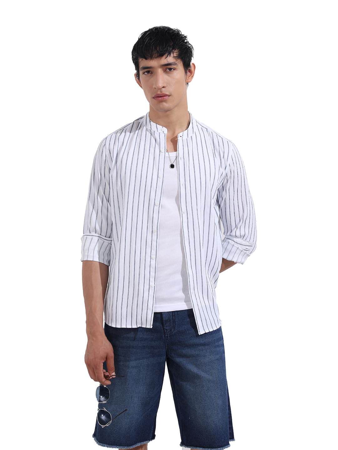 The Indian Garage Co Mens Regular Fit Vertical Striped Mandarin Collar Long Sleeves Sweater