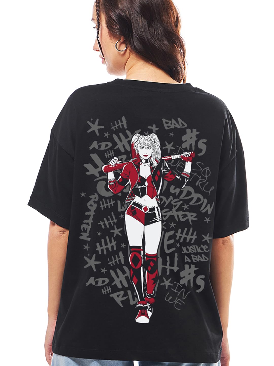 Bewakoof Official DC Merchandise Womens Graphic Print Oversized Fit Half Sleeve Round Neck Single Jersey T-Shirt_648602_Black_X