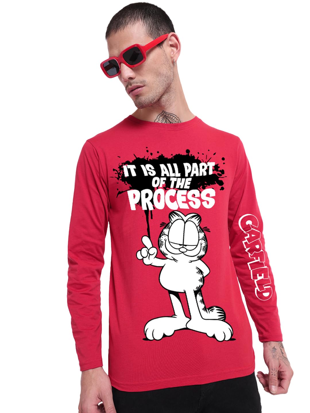 Bewakoof Official Garfield Merchandise Mens Graphic Print Regular Fit Full Sleeve Round Neck Cotton Jersey T-Shirt_657179_Red_2