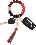 BAOSIWA Silicone Beaded Bracelet Keychain Red and Black Plaid Wristlet Key Ring Bangle Chains Christmas Gifts for Women Girls wi