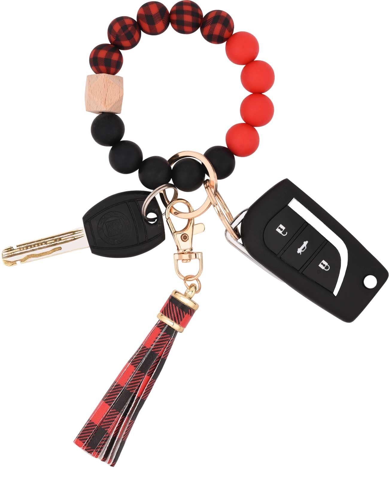 BAOSIWA Silicone Beaded Bracelet Keychain Red and Black Plaid Wristlet Key Ring Bangle Chains Christmas Gifts for Women Girls wi