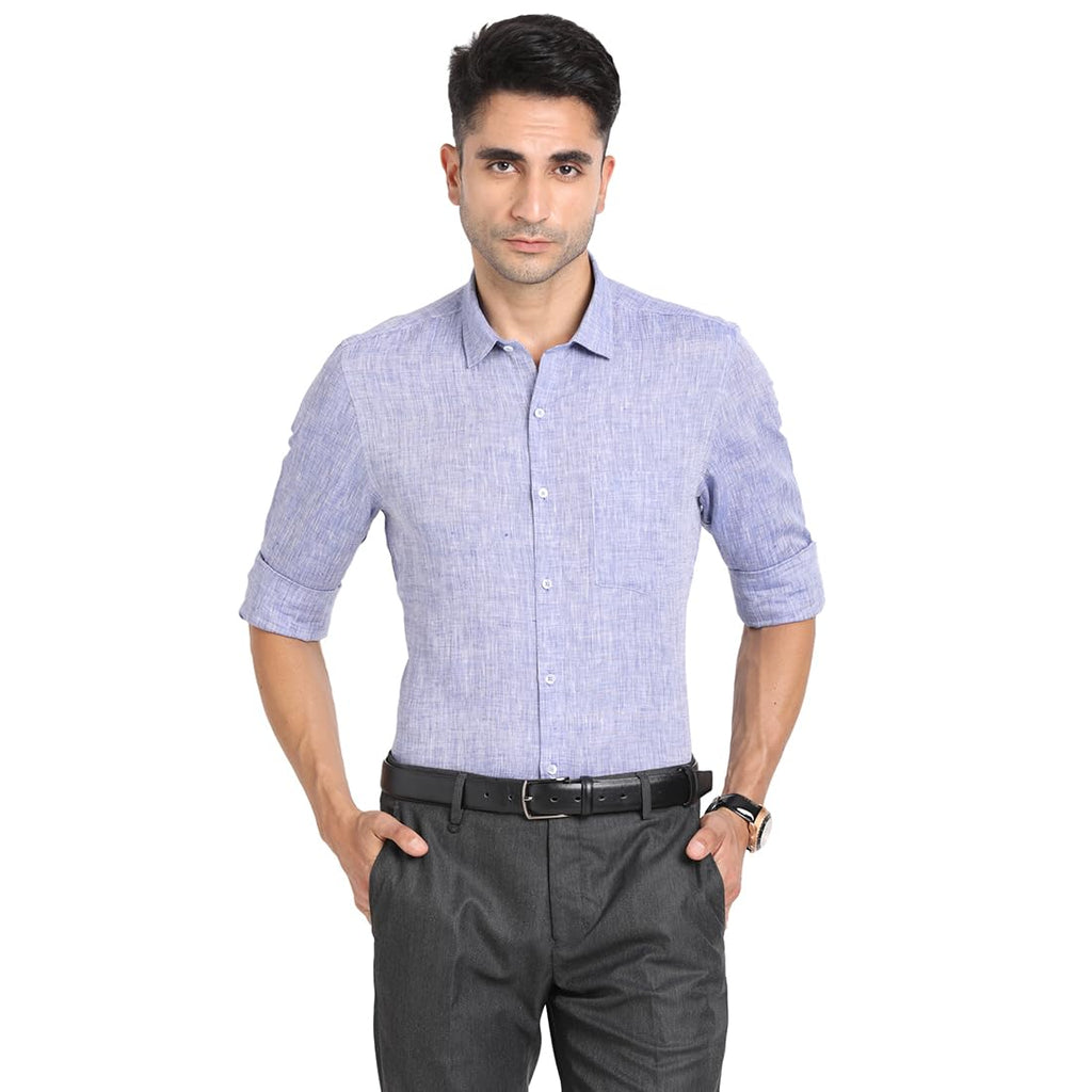 Turtle Men Pure Linen Solid Slim Fit Violet Formal Shirt